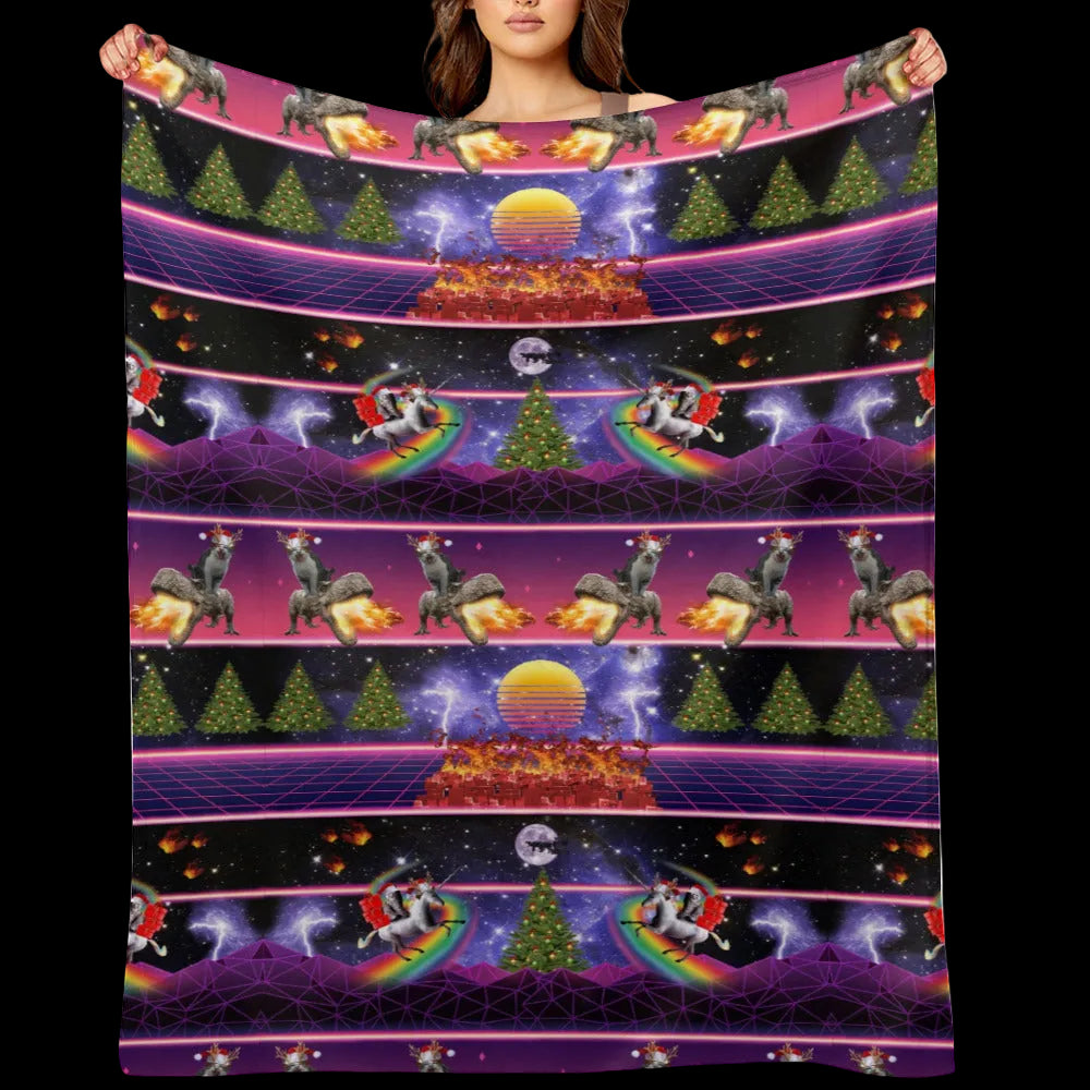 Christmas Synthwave Cat Throw Blanket – Retro Holiday
