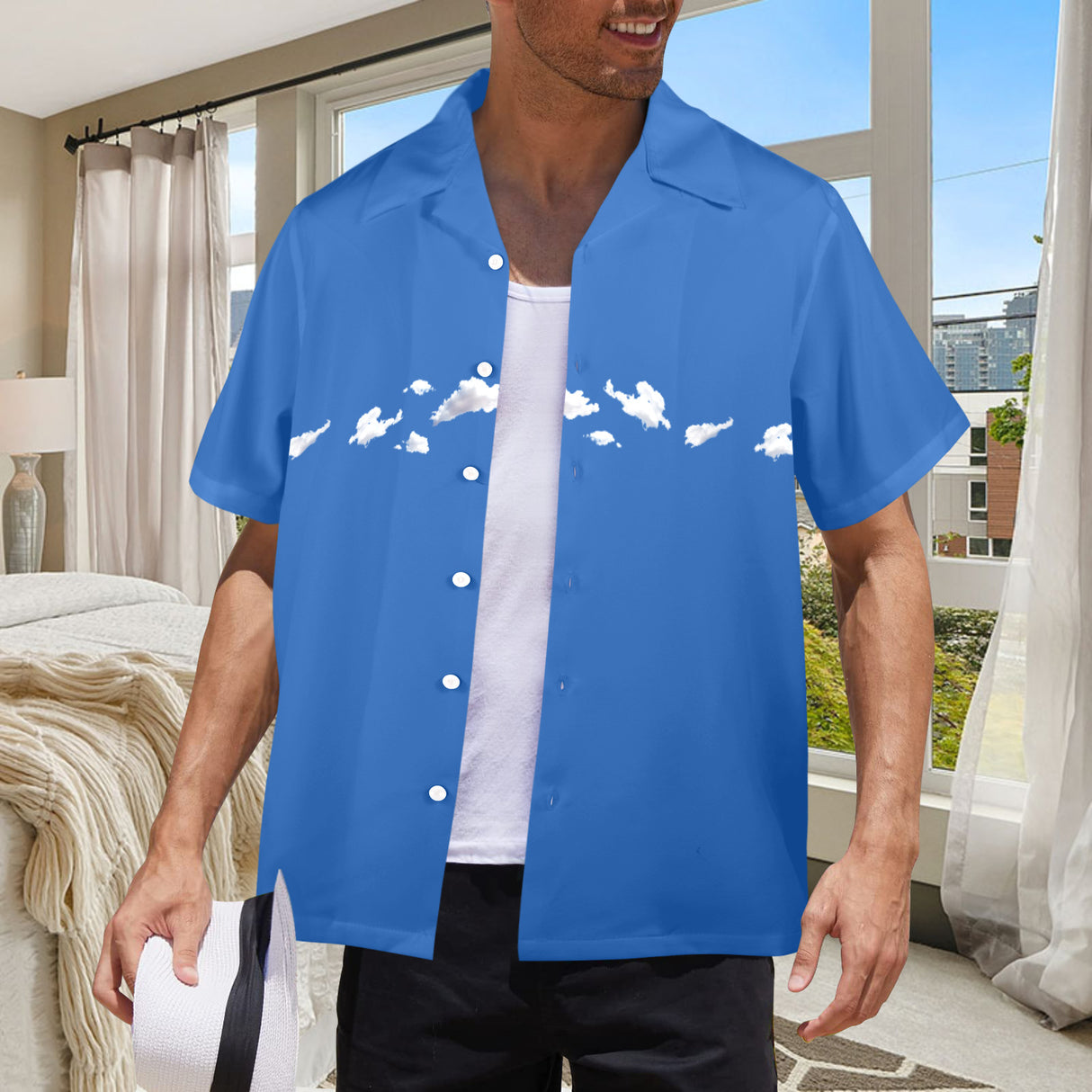 Cloud Print Hawaiian Shirt - Light Airy Vacation Button-Up