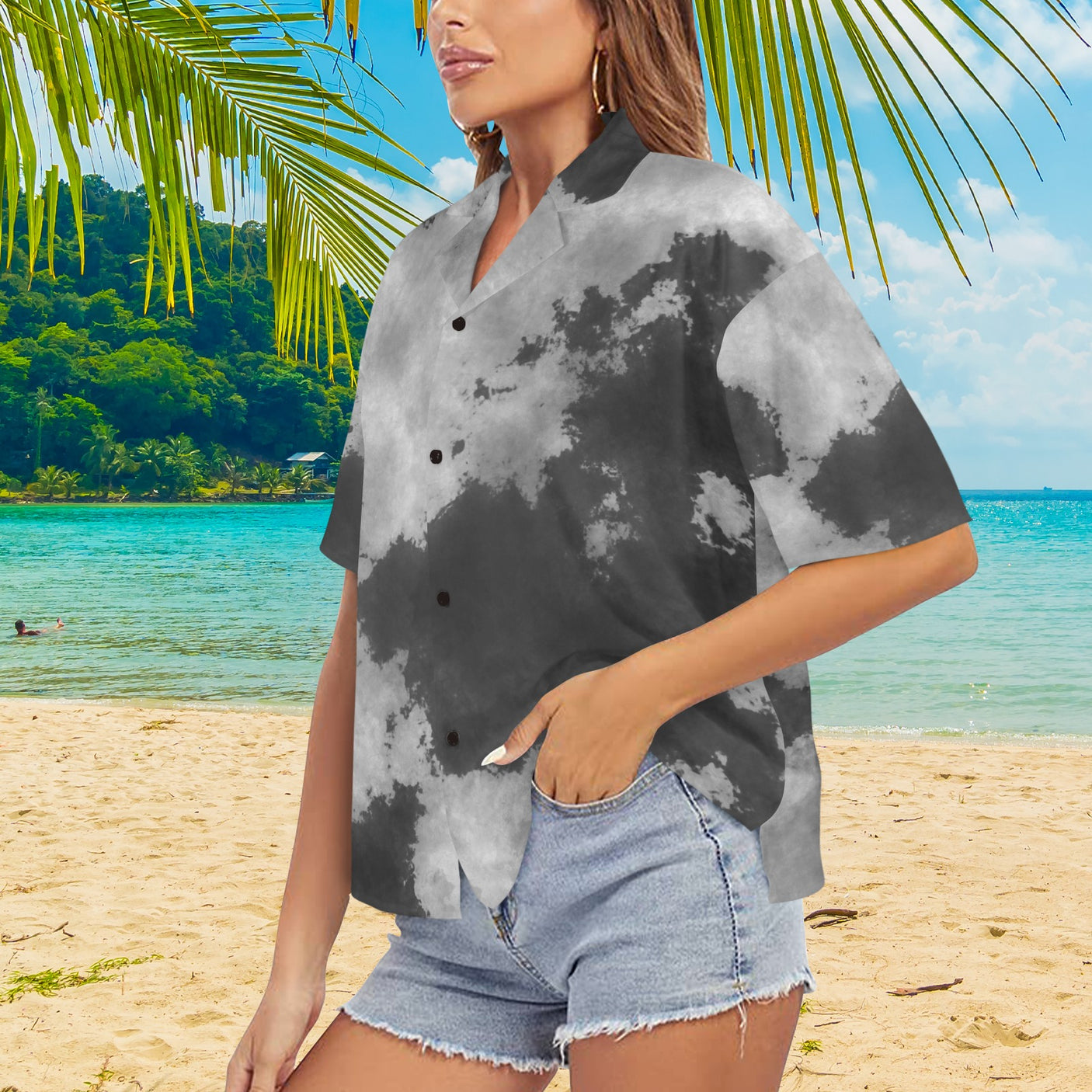 Black and White Tie Dye Women's Hawaiian Shirt