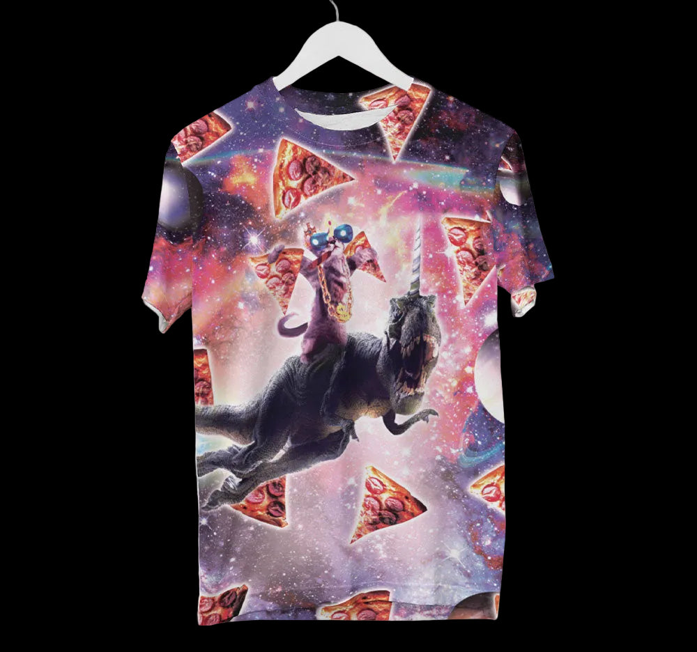 Pizza Cat Riding Dinosaur Shirt | AOP 3D Tee Shirts