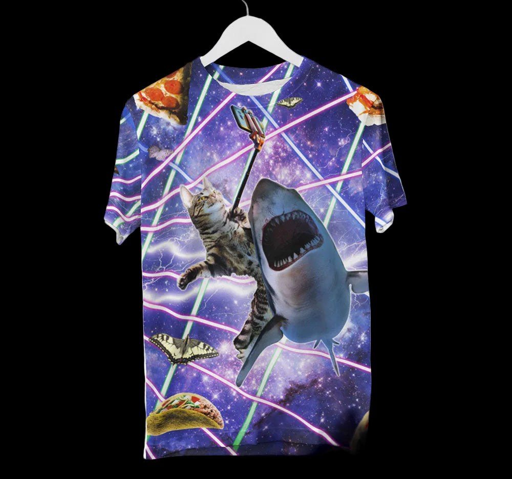 Laser-Katze reitet Hai Shirt | AOP 3D T-Shirts