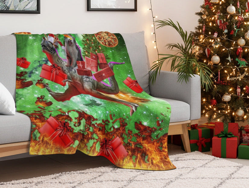 Christmas Cat & Dinosaur Throw Blanket – Funny Gift
