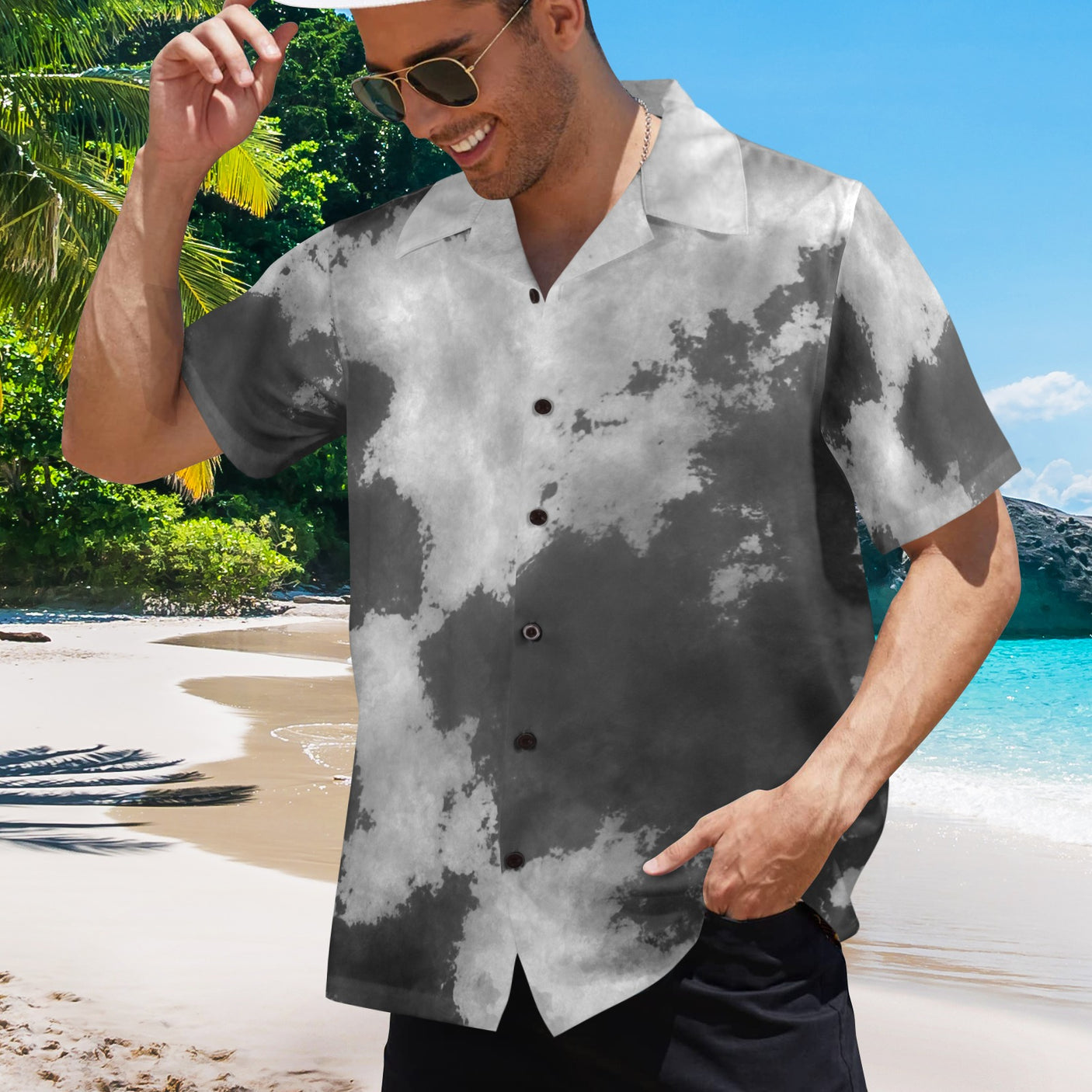 Black and White Tie Dye Hawaiian Shirt