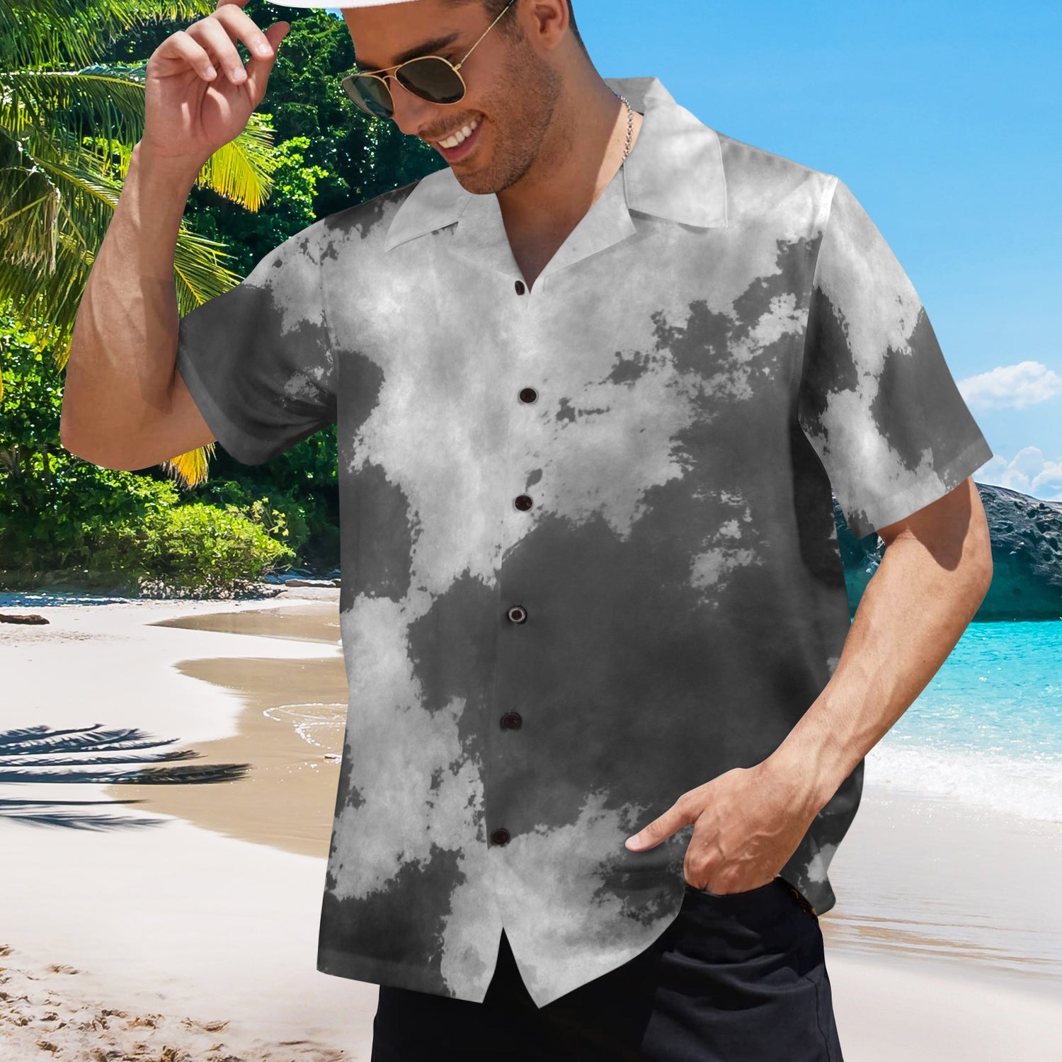 Black and White Tie Dye Hawaiian Shirt
