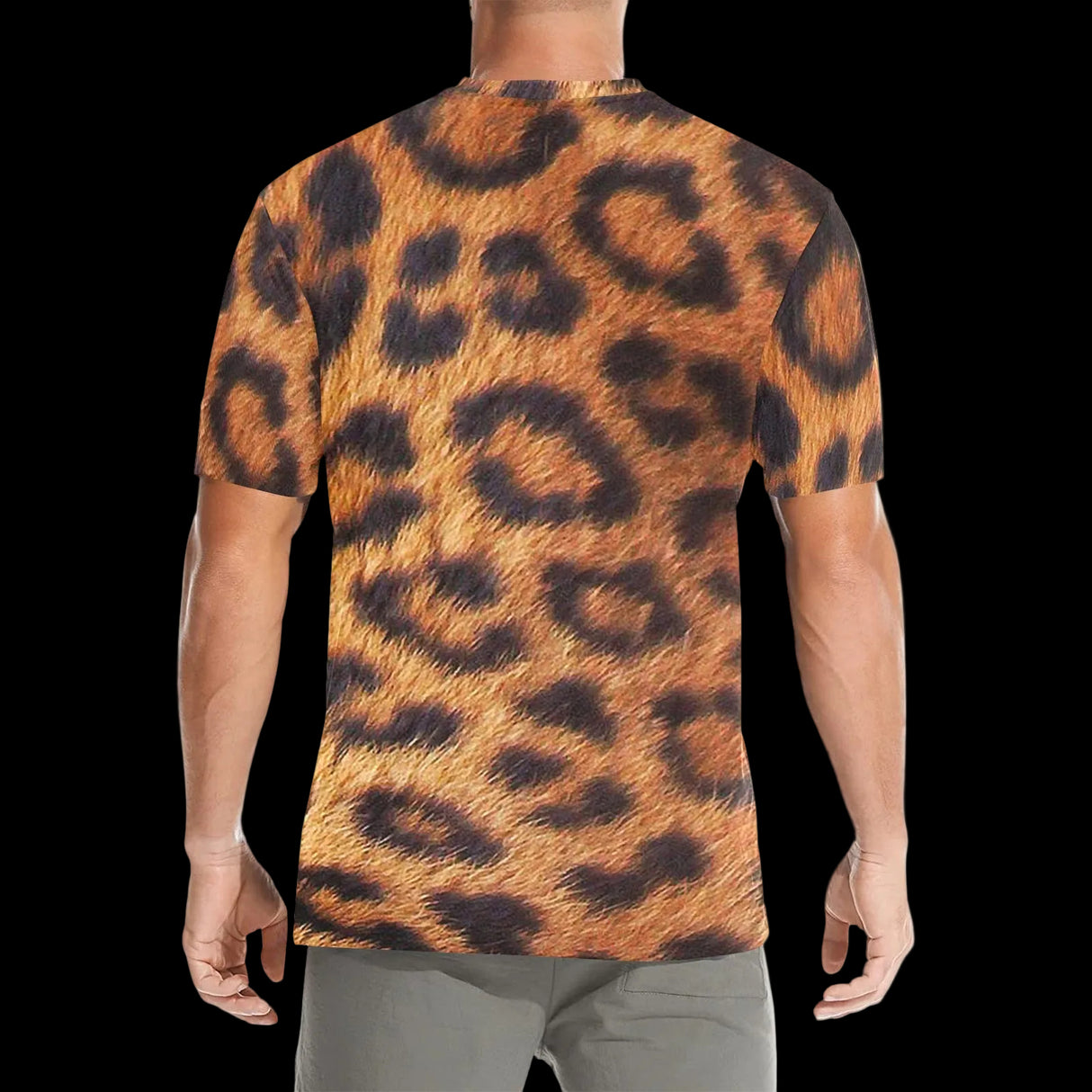 Photoreal golden and black leopard fur pattern on men's t-shirts, product view 4