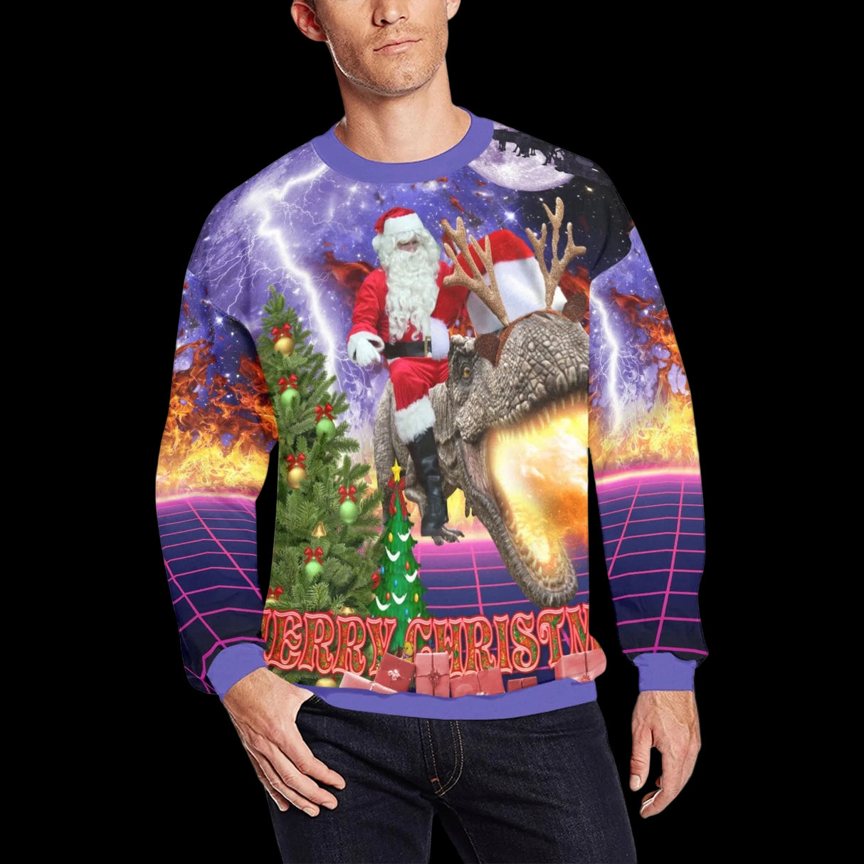 Santa Riding Dinosaur Ugly Christmas Sweater
