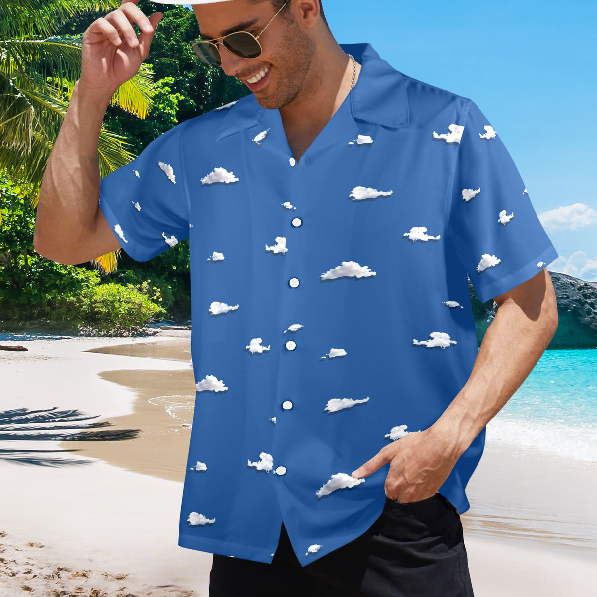 Cloud Print Button-Up - Beach Vacation Hawaiian Shirt