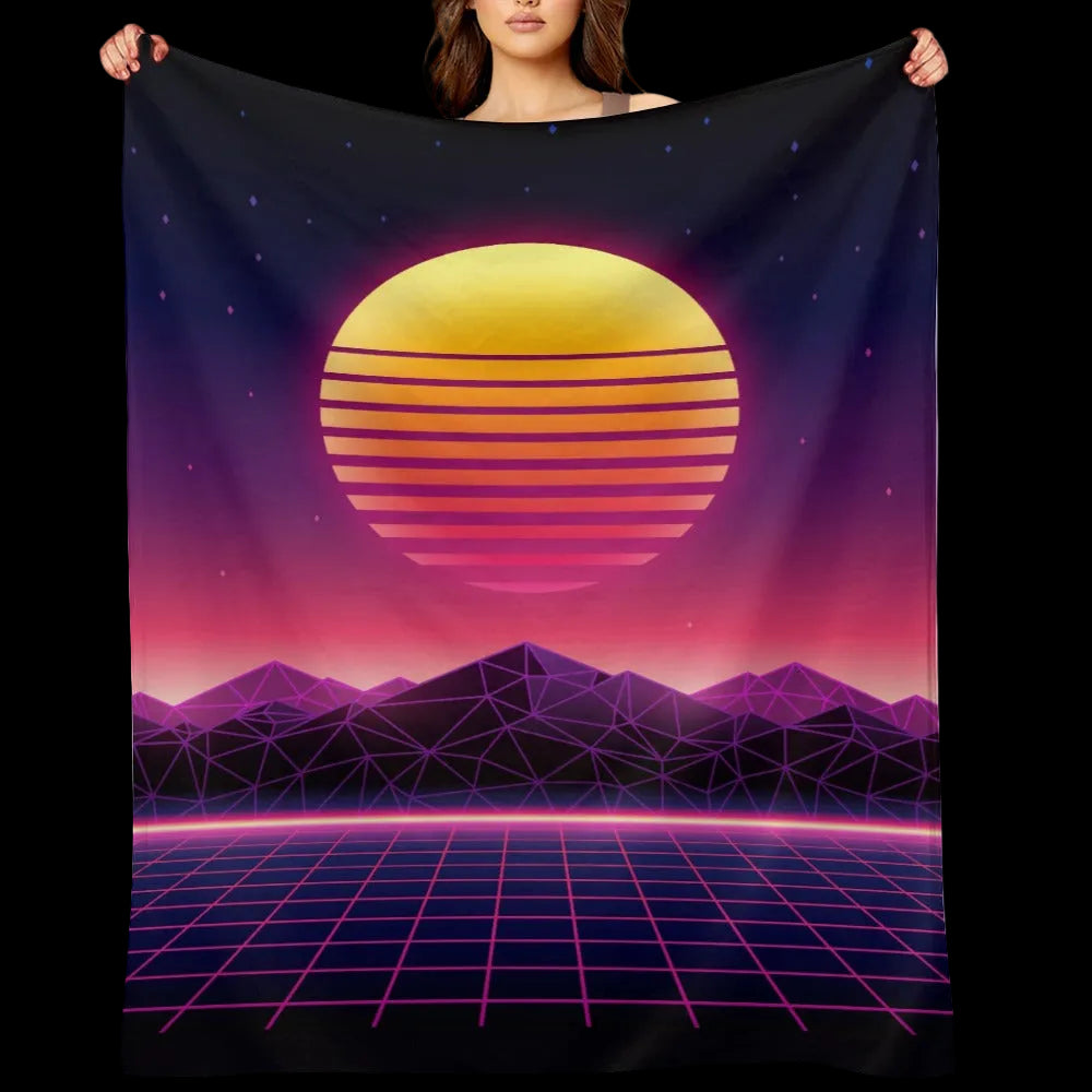Neon Synthwave Sunset Throw Blanket – Retro Decor