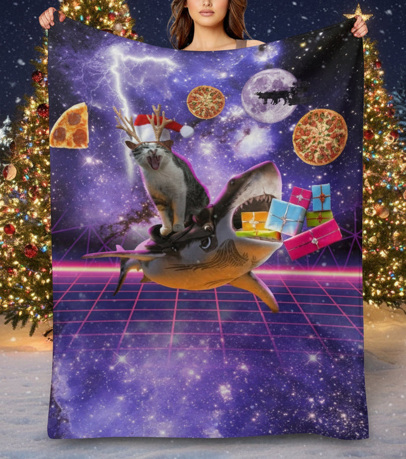 Christmas Cat Shark Throw Blanket – Funny Holiday Gift