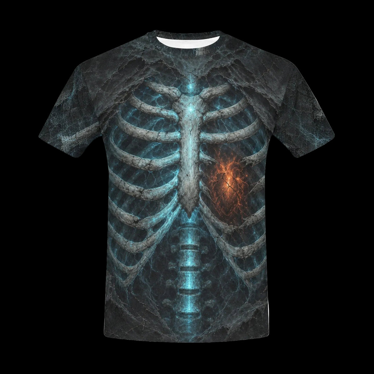 Luminous X-ray ribs and spine with blue and orange energy on men's t-shirts