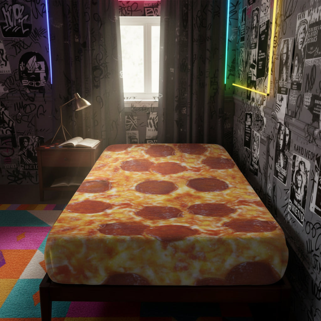 A bed with a printed pizza-pattern mattress cover or bedding, shown in a styled bedroom setting with a nightstand, lamp, curtains, and window.