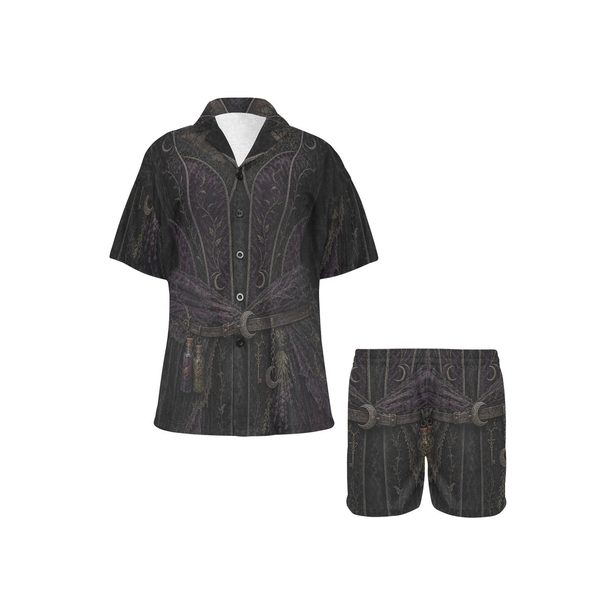 Women's black witch costume pajamas with short-sleeve top and matching shorts