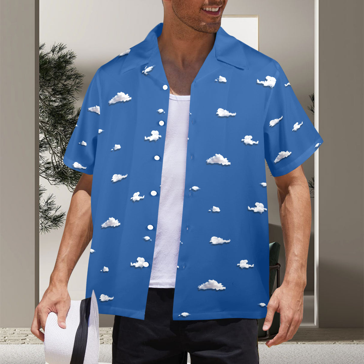 Cloud Print Button-Up - Beach Vacation Hawaiian Shirt