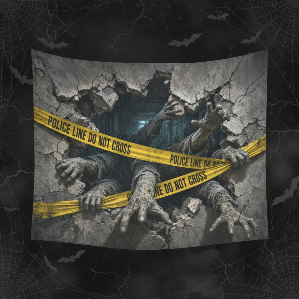 Zombie arms breaking through cracked masonry behind quarantine tape on wall tapestries