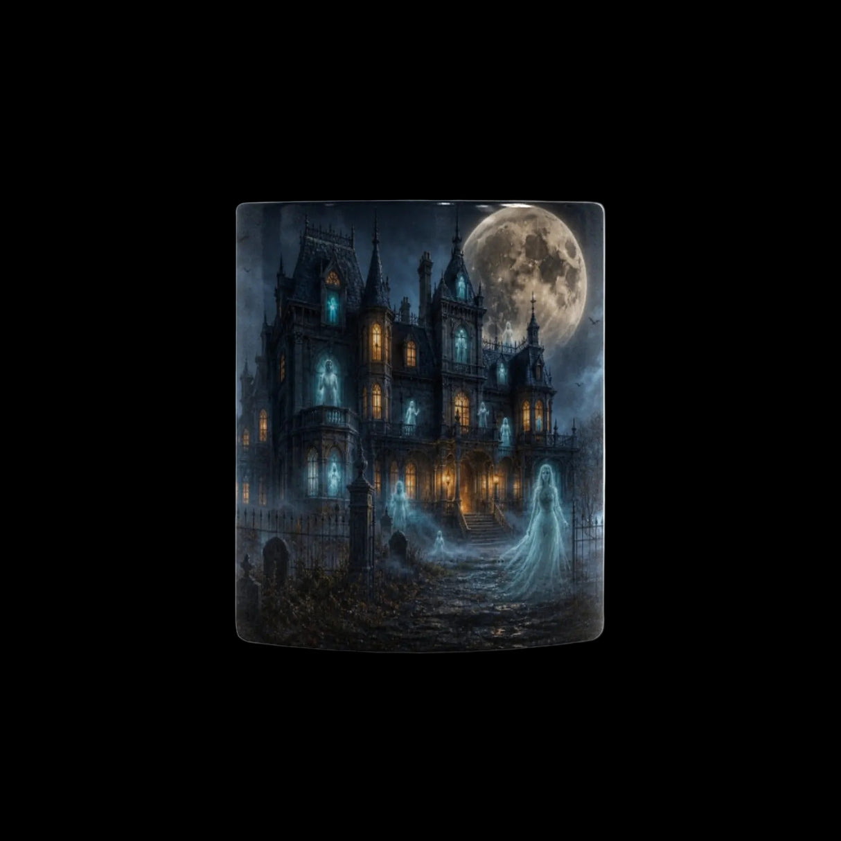Moonlit haunted house with bare trees and glowing windows on color-changing mugs, product view 5
