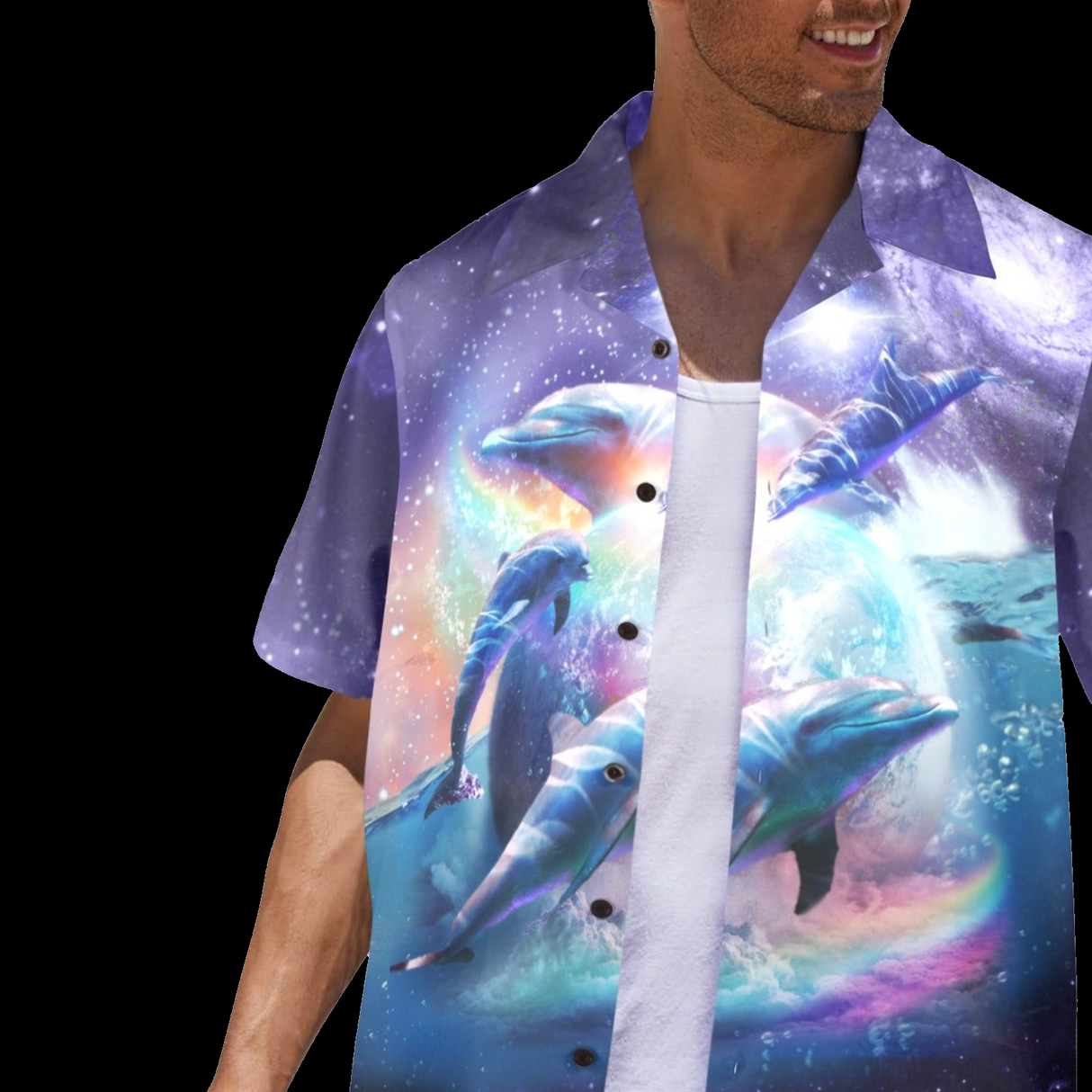 Space Dolphin Vacation Shirt - Galaxy Ocean Hawaiian Button-Up