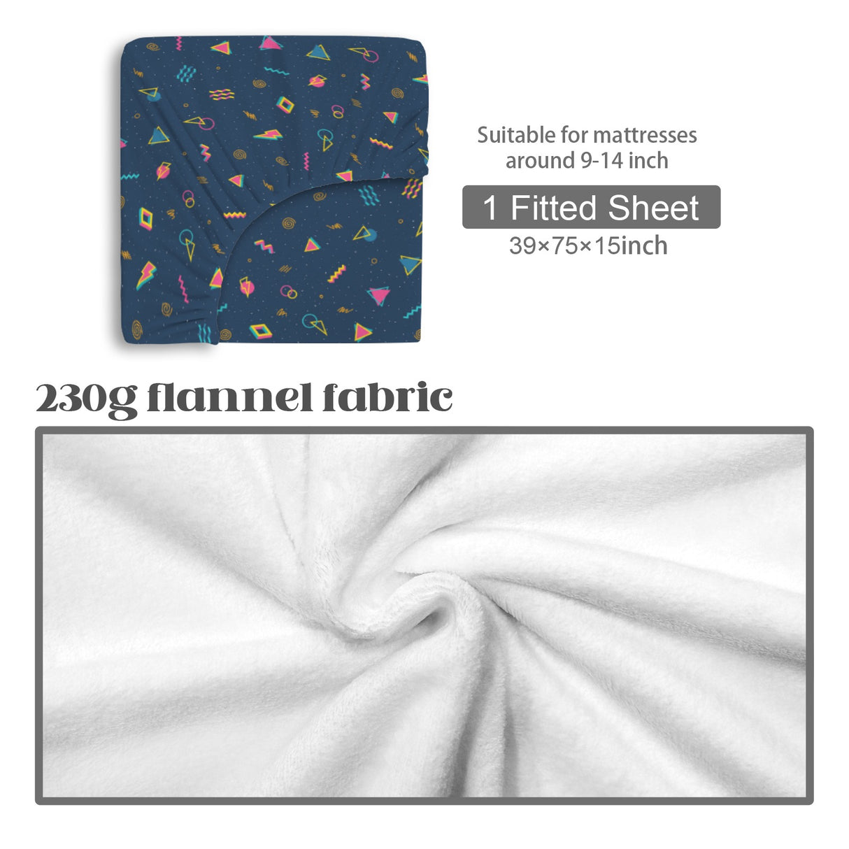 Retro 80s Twin Fitted Sheet – Geometric Bedding, 39 x 75 x 15 in