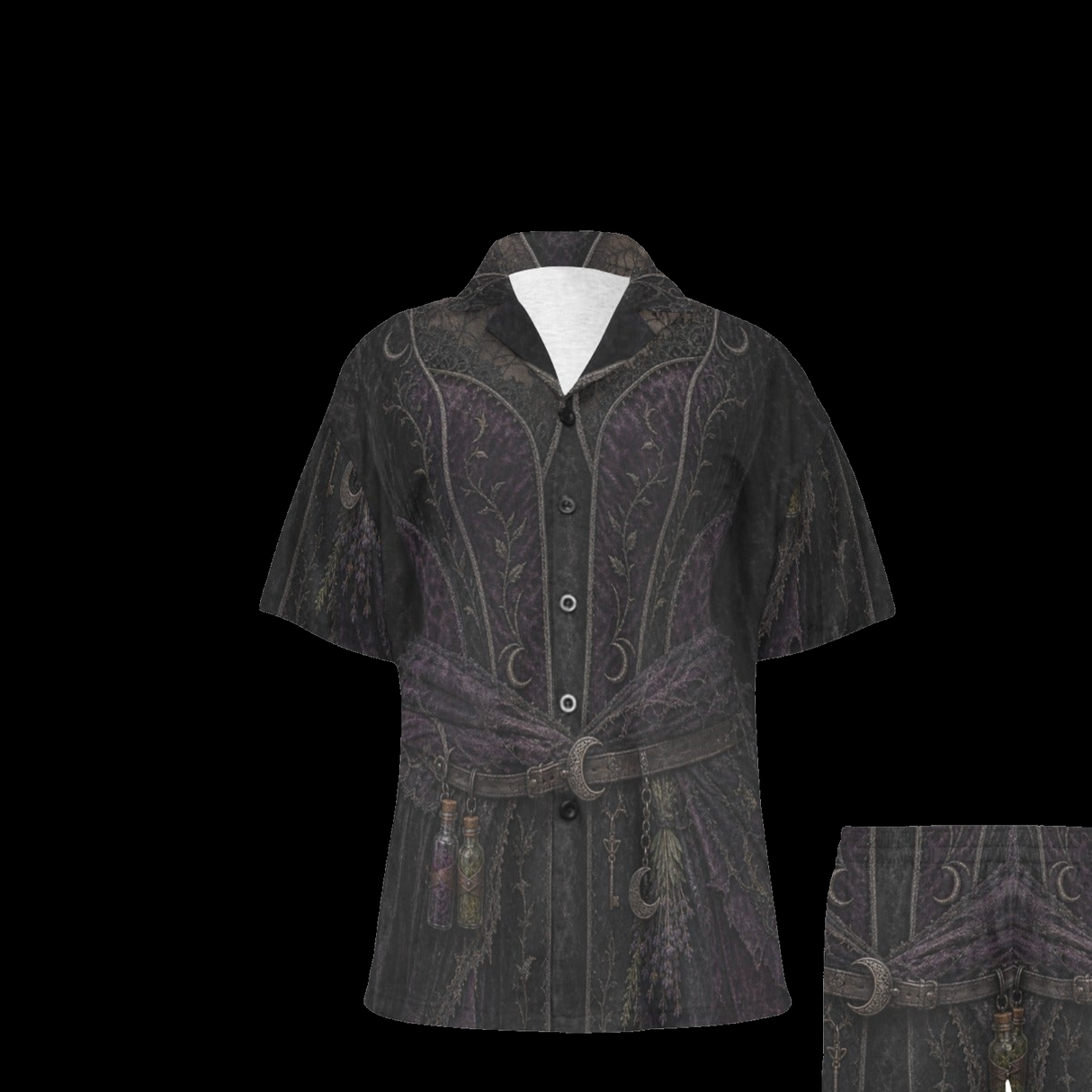 Women's black witch costume pajamas with short-sleeve top and matching shorts