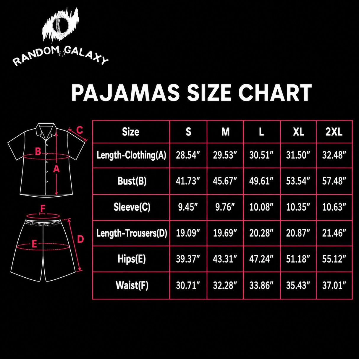 Men's short pajama set size chart for sizes S to 2XL