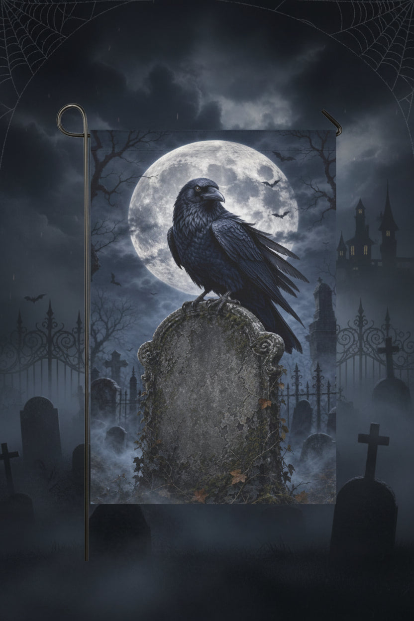 Raven perched on a moonlit cemetery tombstone on garden flags, product view 4