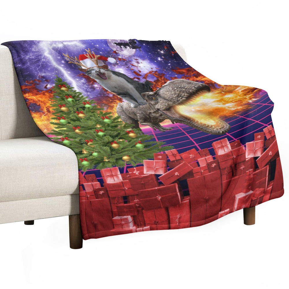 Christmas Cat Dinosaur Throw Blanket