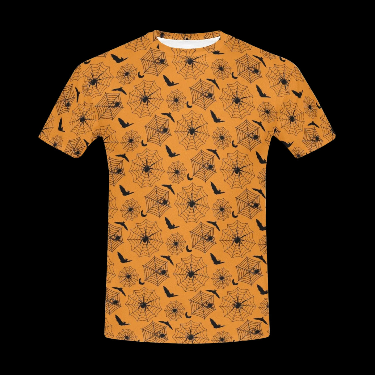 Black spider swarm on distressed pumpkin-orange fabric on men's t-shirts