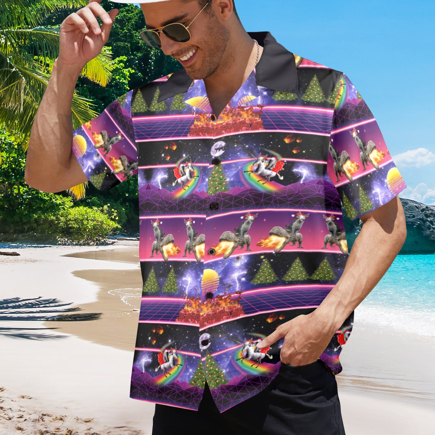 Cat Unicorn Dinosaur, Ugly Christmas in July Hawaiian Shirt