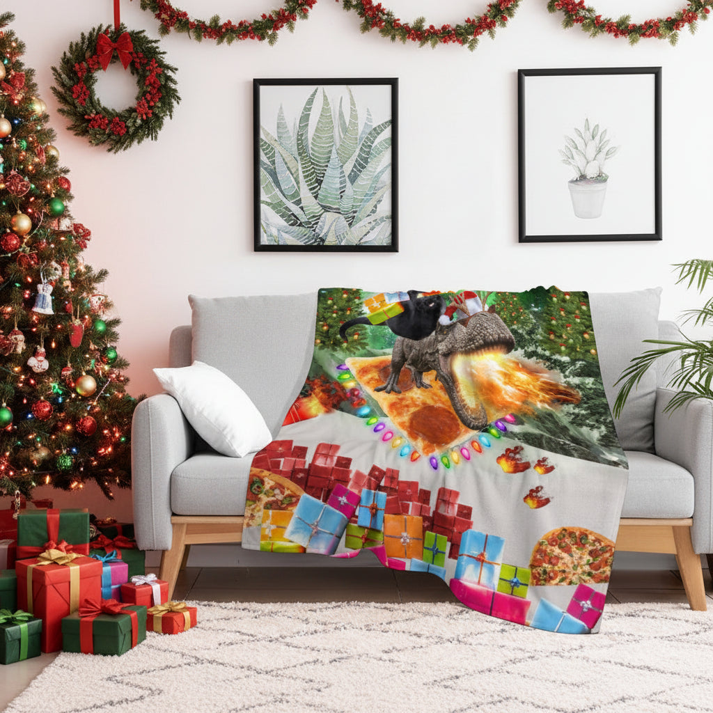 Festive Cat Riding Dinosaur Throw Blanket