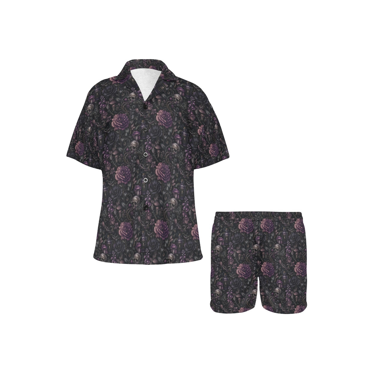 Front view of black night floral women's pajama shirt and shorts with purple skull-and-flower print