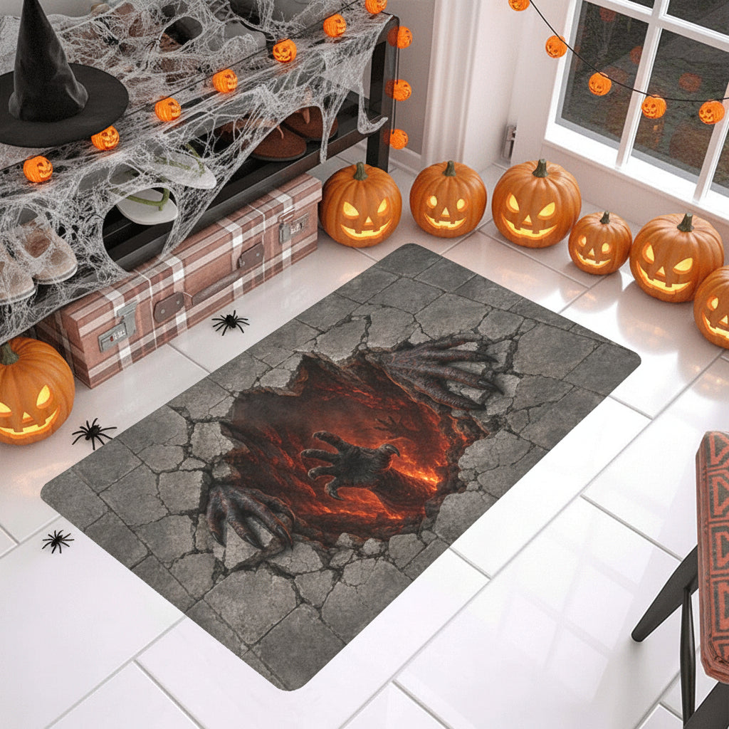 Fiery hell pit opening through cracked pavement with demonic claws on doormats