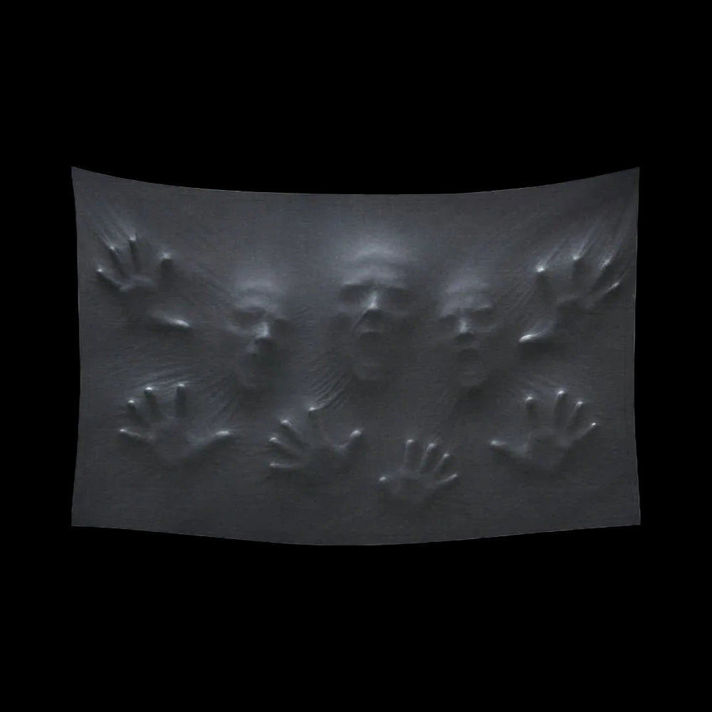 Ghostly faces and hands pressing through stretched black fabric on wall tapestries, product view 3