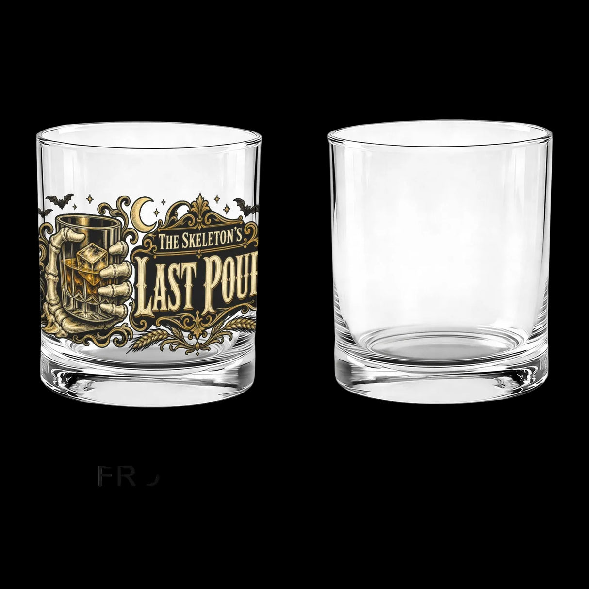Skeleton hand gripping the glass beside an ornate Last Pour label on whiskey glasses, product view 2