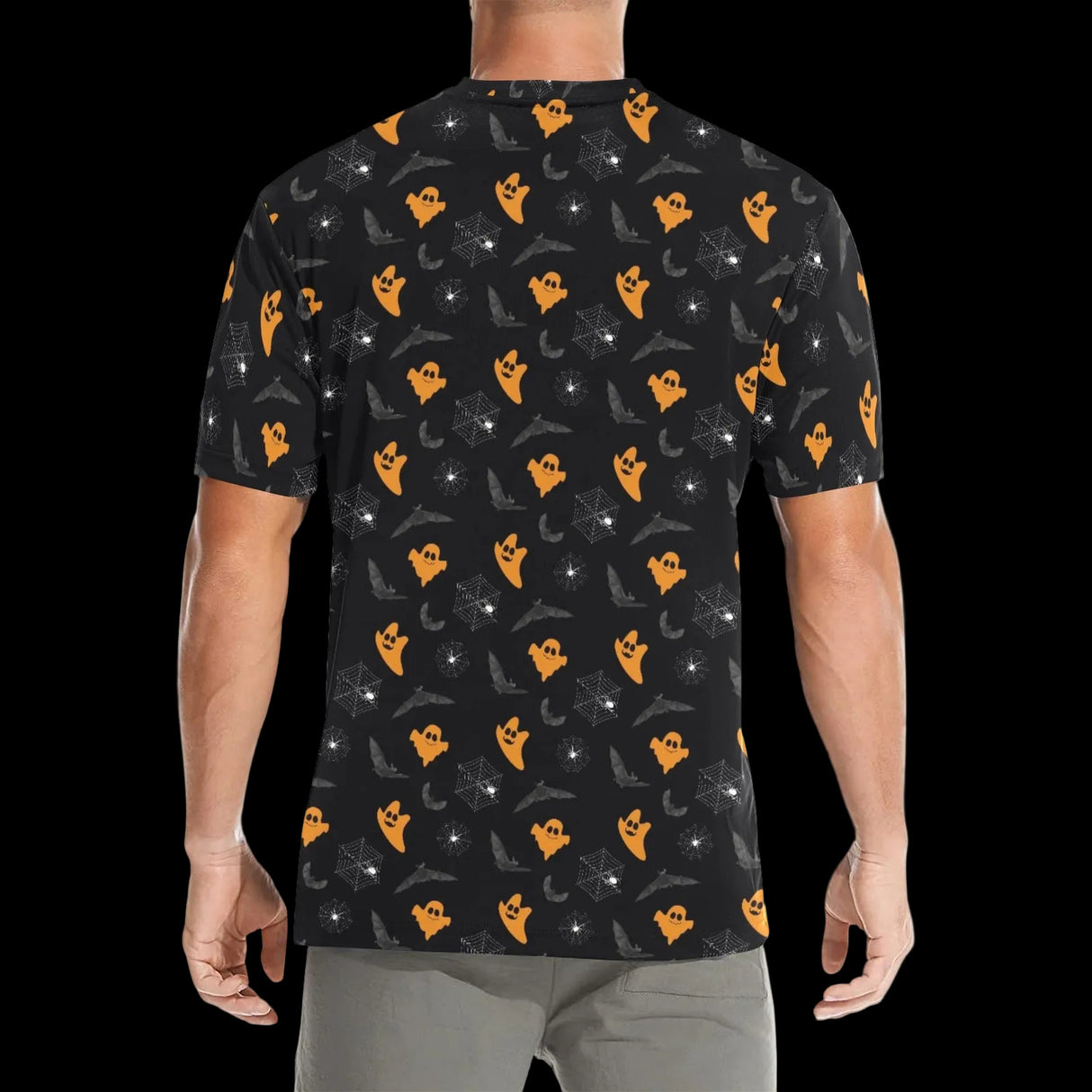 White ghosts and orange jack-o'-lanterns repeating on black on men's t-shirts, product view 2