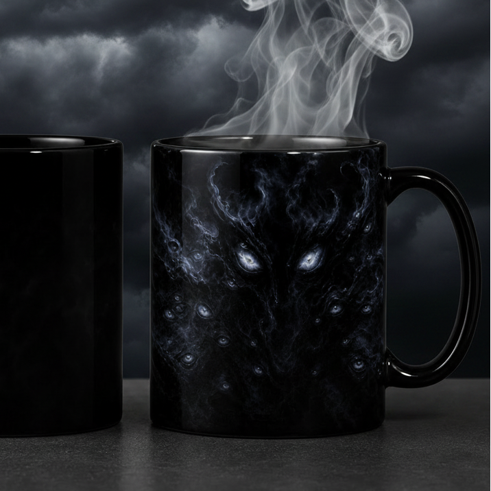 Cold and hot comparison of Eyes in the Smoke heat-reveal Halloween mug