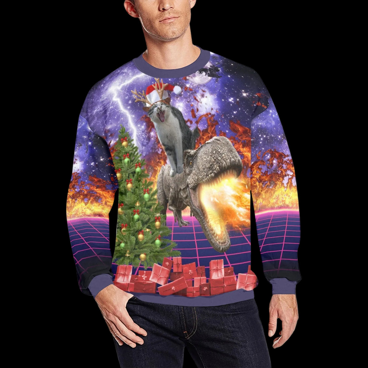 Cat Riding Dinosaur Ugly Christmas Sweater