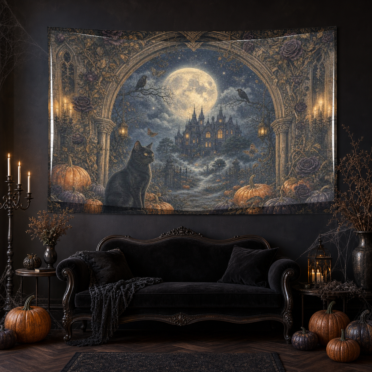 Midnight Manor 90 × 60 inch gothic Halloween tapestry in a dark living room