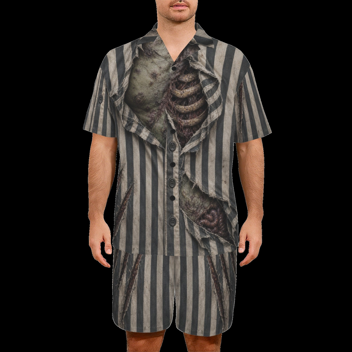 Male model wearing the Sleepwalking Dead men's horror short pajama set on a black background