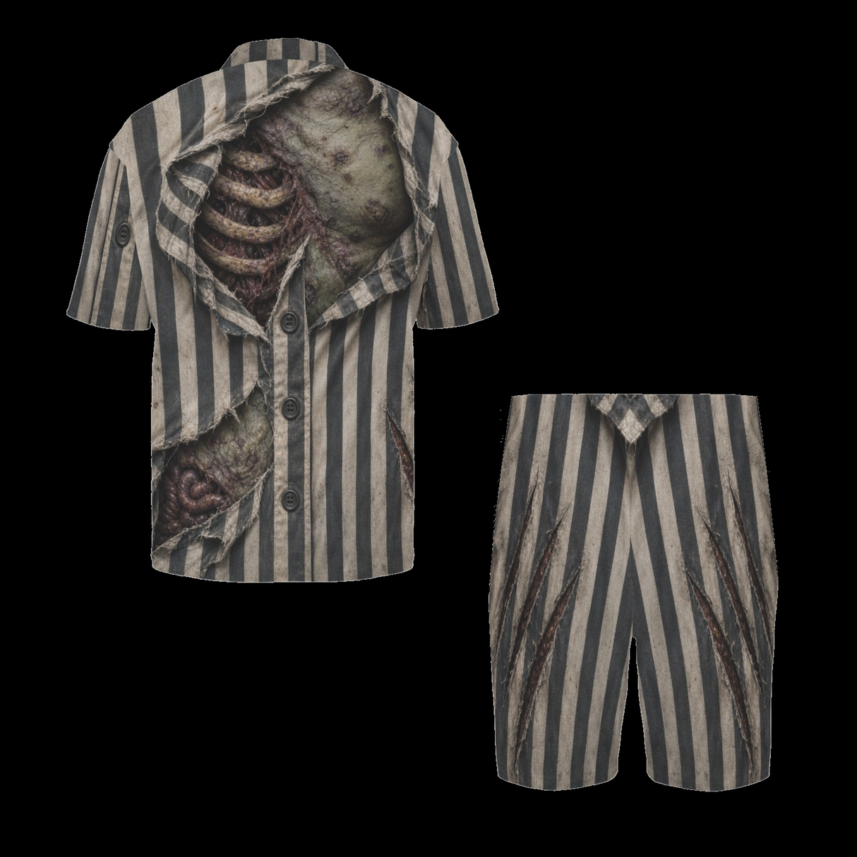 Back view mockup of the Sleepwalking Dead men's horror short pajama set on a black background