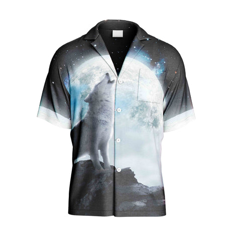Wolf Howling at Moon Hawaiian Shirt | Button Up Down Shirt - Random Galaxy Official