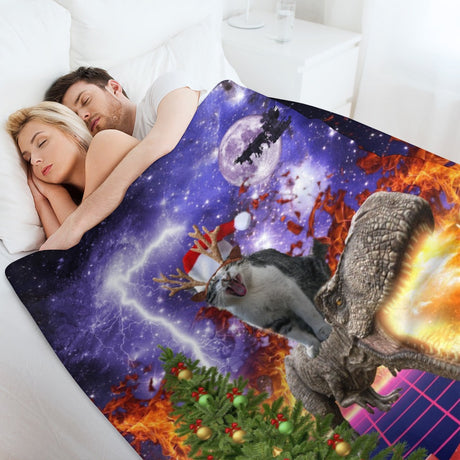Christmas Cat Dinosaur Throw Blanket