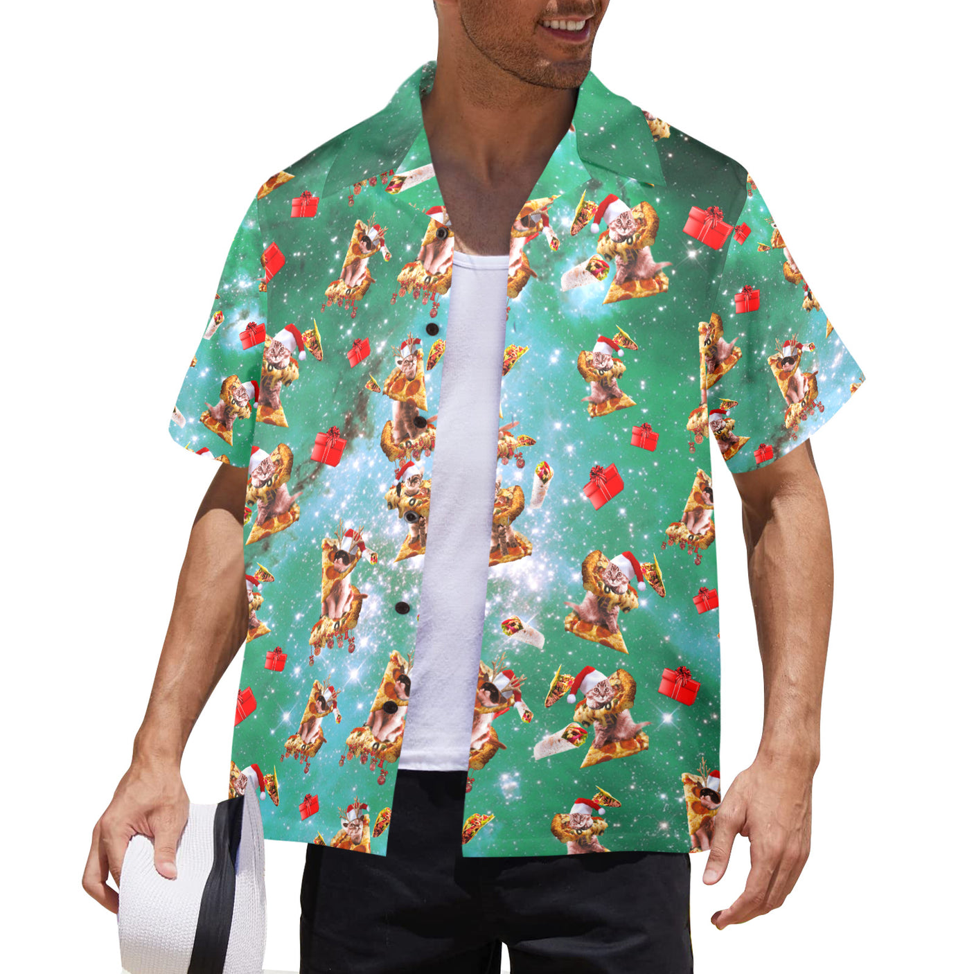 Christmas Space Cat Hawaiian Shirt | Button Up Down Shirt