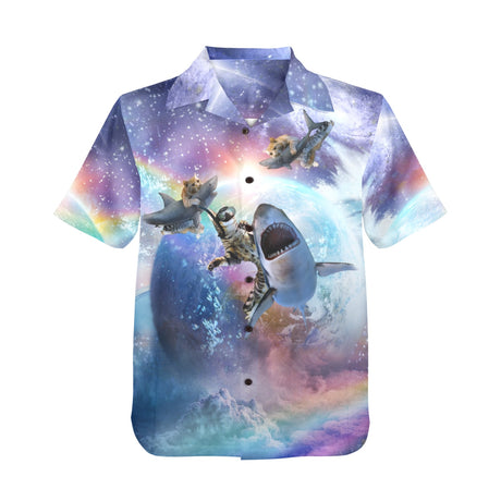 Space Cat Riding Shark Hawaiian Shirt