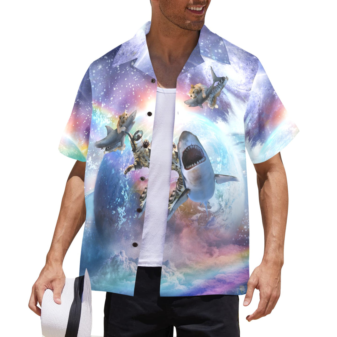 Space Cat Riding Shark Hawaiian Shirt