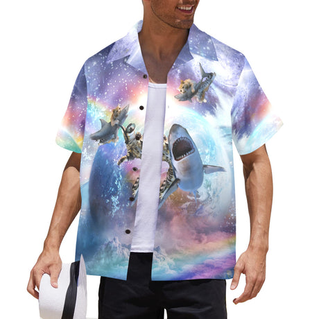 Space Cat Riding Shark Hawaiian Shirt
