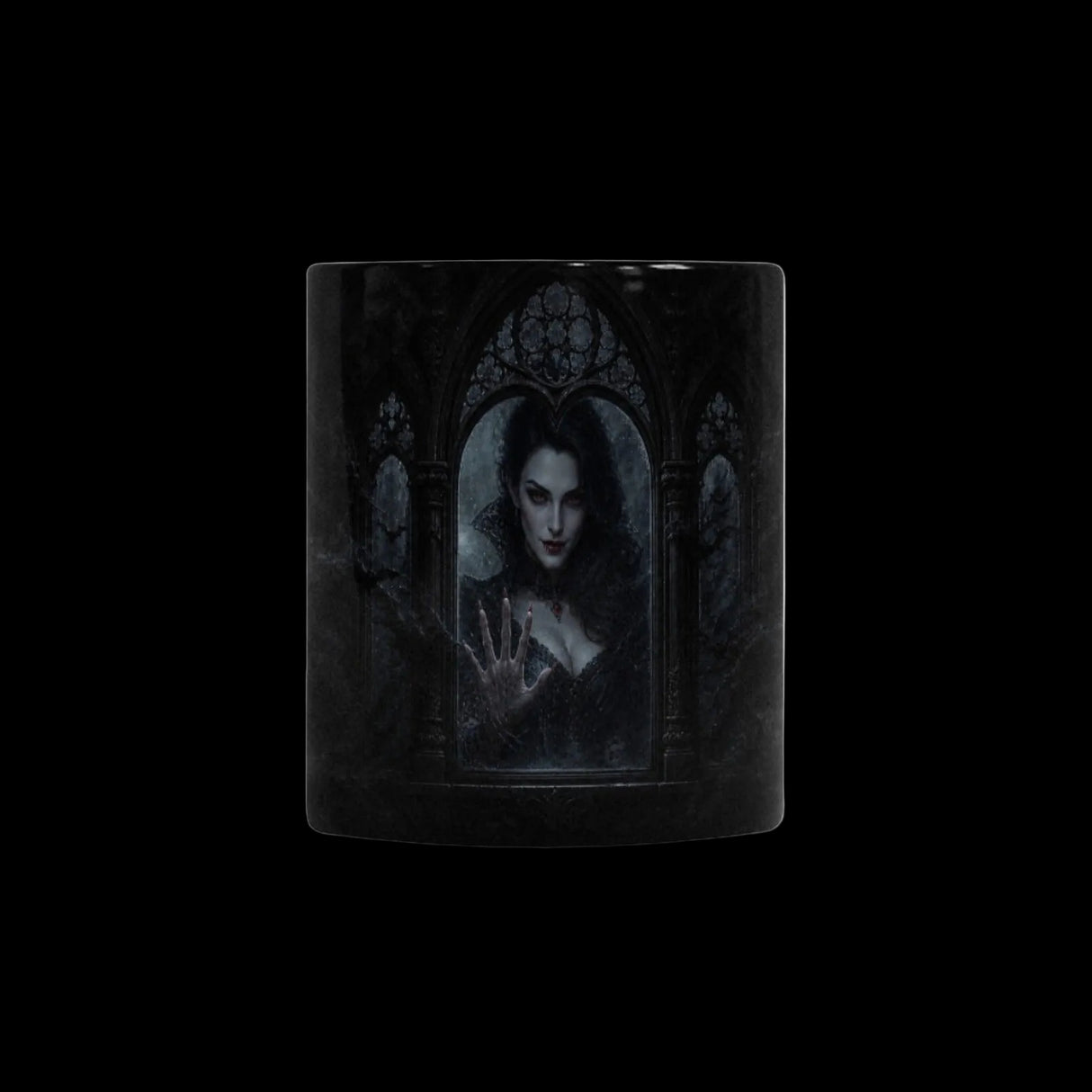 Vampire woman emerging at a moonlit window on color-changing mugs, product view 3