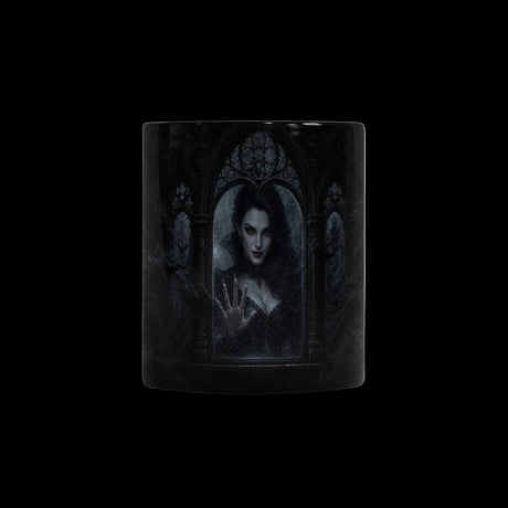 Vampire woman emerging at a moonlit window on color-changing mugs, product view 3