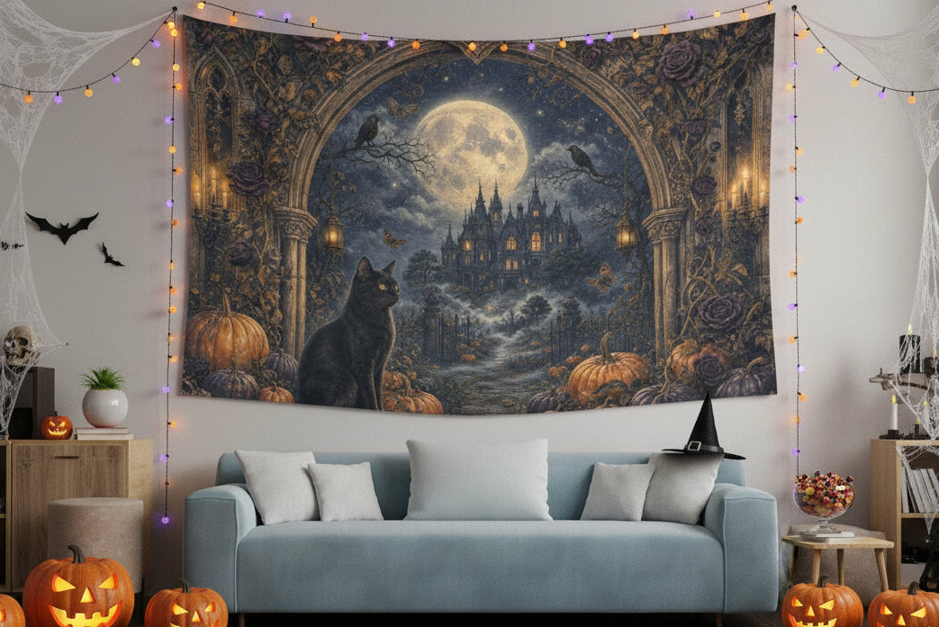 Moonlit gothic manor with black cat, pumpkins and ornate antique border on wall tapestries, product view 5