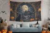 Moonlit gothic manor with black cat, pumpkins and ornate antique border on wall tapestries, product view 5