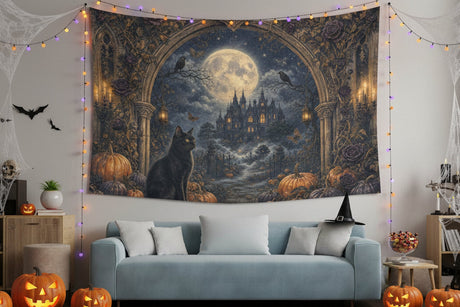 Moonlit gothic manor with black cat, pumpkins and ornate antique border on wall tapestries, product view 5