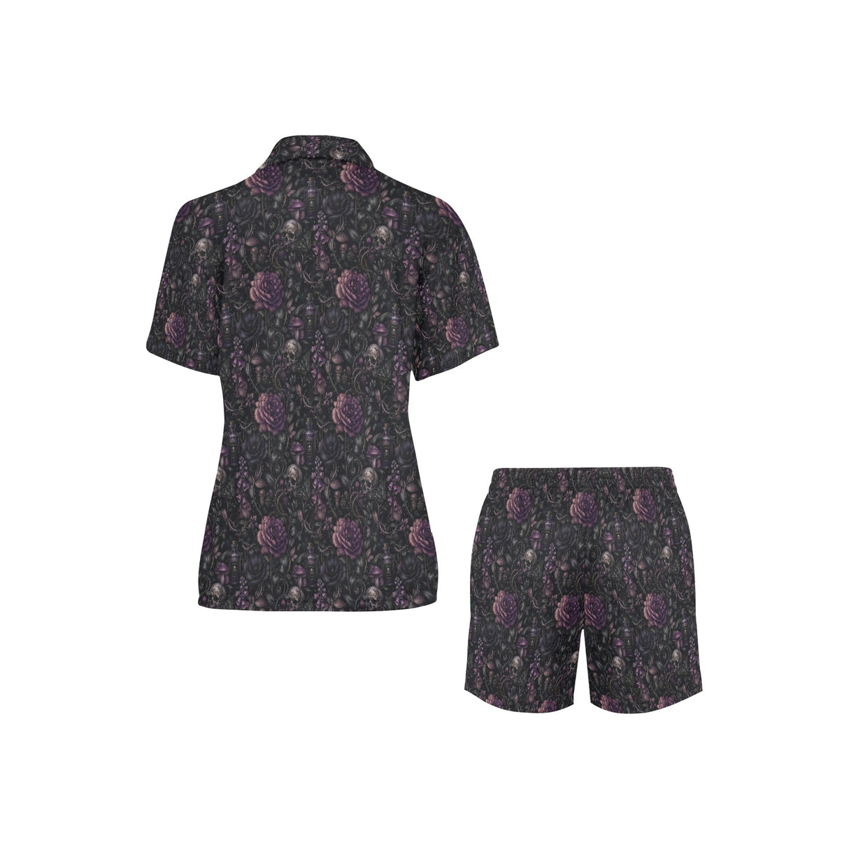 Back view of black night floral women's pajama shirt and shorts with purple skull-and-flower print
